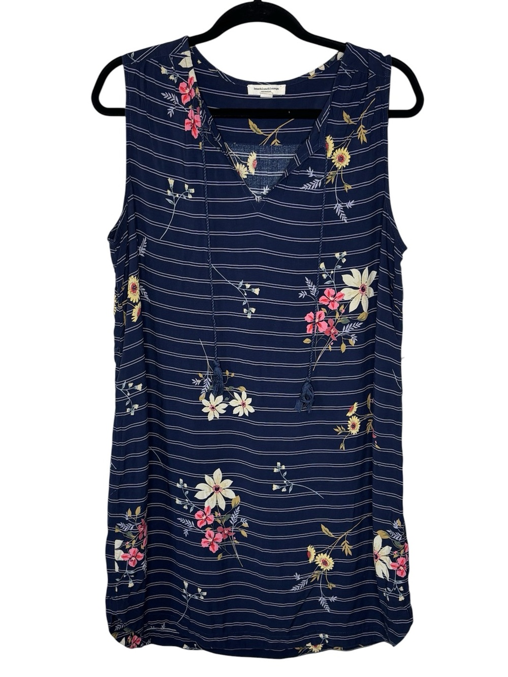 Beach Lunch Lounge Navy Floral Striped Sleeveless Shift Dress XL Beach Cover-Up